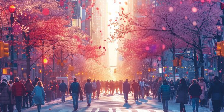 Bustling city street at sunset, blurred motion of a crowded urban scene, and vibrant city life.