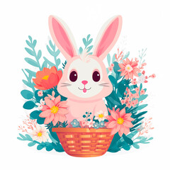Easter bunny in basket with flowers on a white background. The illustration perfect for designing cards posters congratulations, for prints on pillows mugs t - shirts