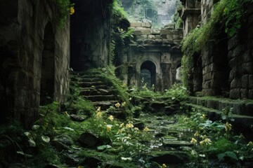 Fototapeta na wymiar Mystic Temple Relics Within Overgrown Woodlands