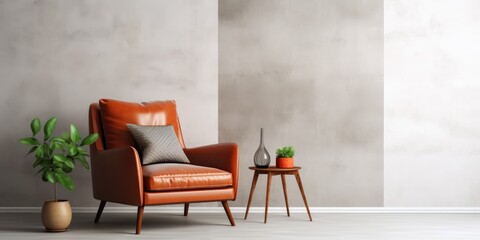 Vertical photo of contemporary living room with pillows on leather armchair, concrete floor, and painting on white wall