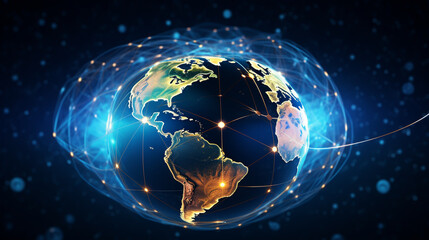 Fototapeta premium Black blue tech futuristic background. Abstract vector. Sunrise. Satellites and rockets in orbit of planet Earth. Plasma clot of energy.
