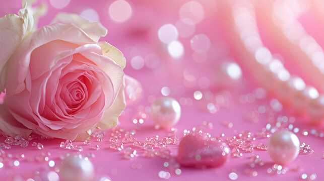 Pastel pink rose with pearls on a bokeh background, for wedding card, or valentine's day projects.