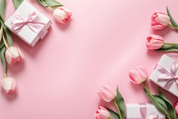 Beautiful pink tulips and gift boxes on pink background, top view