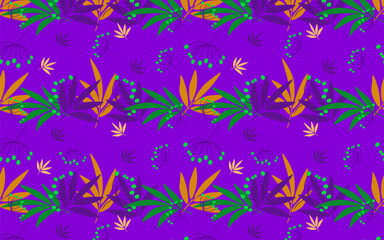 Vector seamless color pattern with leaves and grass. Natural pattern on a blue background. Pattern for textiles, wrapping paper and decoration.