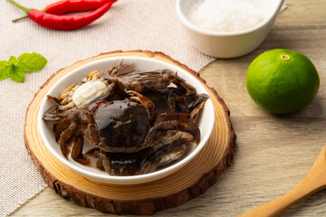 Salted crab,preserved crab with salt in white plate