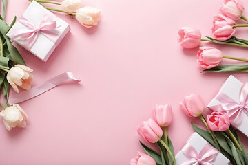 Beautiful pink tulips and gift boxes on pink background, top view