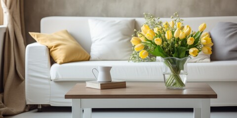 Small table with yellow flowers and white sofa in cozy living room.