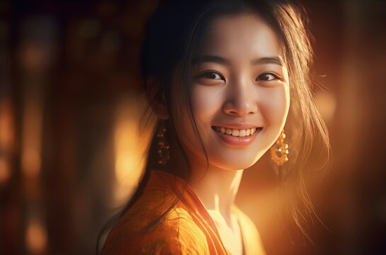 Bright smiling Chinese girl. Smiling Asian lady sunlight portrait. Generate ai