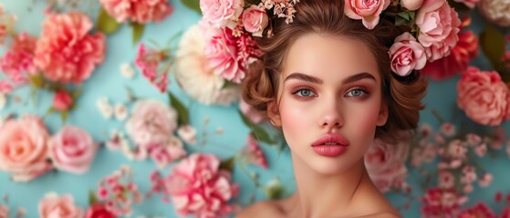 A Stylish Female Model With Floral Headpiece Poses Against An Artistic Background. Сoncept Floral Fashion, Artistic Backdrops, Stylish Female Model, Headpiece Inspiration