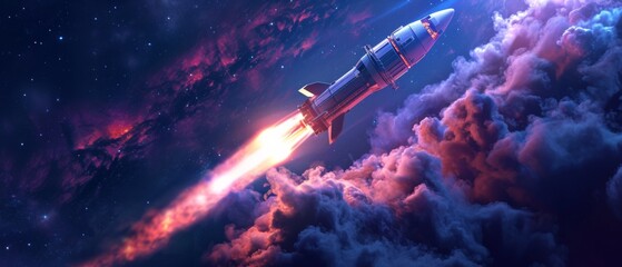 Embarking On An Interstellar Journey, A Futuristic Spacecraft Launches Under The Night Sky. Сoncept Night Sky Photography, Space Exploration, Futuristic Technology, Interstellar Travel