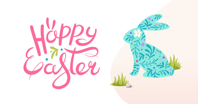 Simple Easter web banner with rabbit in floral Folk style pattern. Hand drawn Happy Easter lettering