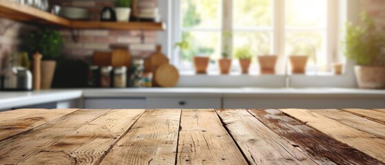A Rustic Wooden Table Sits Against A Blurred Kitchen Backdrop Simplistic Elegance. Сoncept Scenic Landscapes, Artistic Architecture, Candid Moments, Vintage Vibes