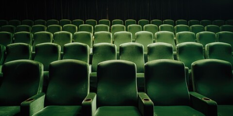 Obraz premium Row of Vintage Green Theatre Seat in an Empty Venue. Retro Green Chairs of Cinema in Row. Front View. Generative AI