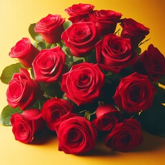 Red roses flower bouquet on yellow background