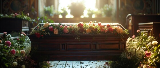 A Somber Funeral, Flowers Adorn The Casket A Solemn Farewell In Sacred Setting. Сoncept Classic Black And White, Emotional Moments, Comforting Support, Farewell Tributes - obrazy, fototapety, plakaty