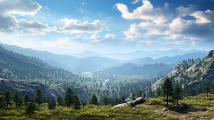 Fototapeta premium Panoramic view of rocky hill valley outdoor nature. Cloudy blue sky. 