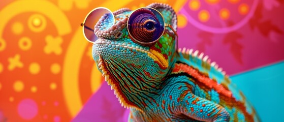 A Stylish Chameleon Sporting Shades Against A Vibrant Backdrop, Featuring Geometric Patterns. Сoncept Fashionable Animal Prints, Bold Sunglasses, Dynamic Backgrounds, Trendy Geometric Designs