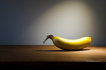 Banana on a Wooden Table with mood lighting.