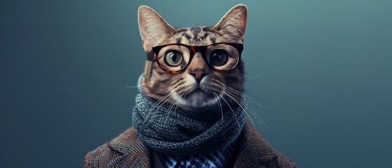 Adorable Feline With Spectacles And Stylish Outfit Against A Clean Backdrop. Сoncept Fashionable Cat, Hipster Kitty, Stylish Feline, Dapper Pet Portraits, Cat With Glasses