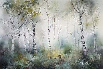 birch grove in spring, watercolor