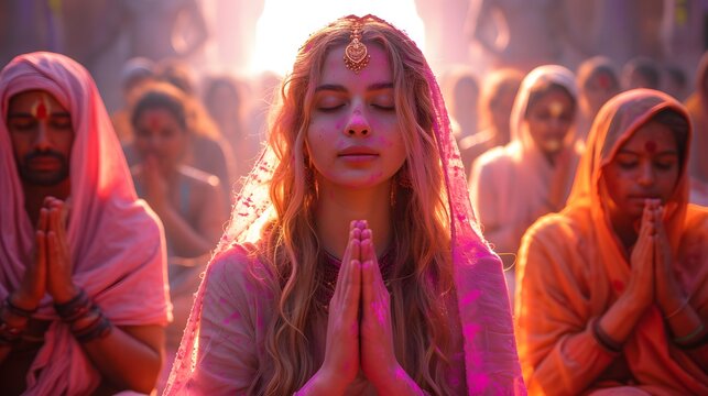  people participating in traditional rituals and prayers ,holi background