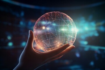 Hand holding futuristic globe visualization. Virtual worldwide cyber global network. Generate ai - obrazy, fototapety, plakaty