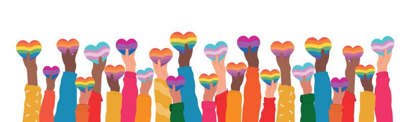 International day against homophobia, transphobia and biphobia vector. Hands holding different LGBT pride flag in heart shape. - obrazy, fototapety, plakaty