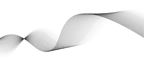 Flowing dots particles wave pattern 3D curve halftone black gradient curve shape isolated on white background. Vector in concept of technology, science, music, modern lines swirl dots