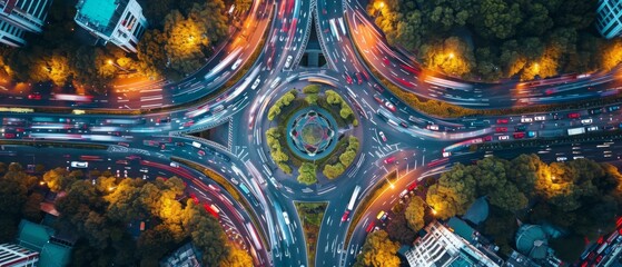 Birds Eye View Of Busy Highways And Roundabouts Showcasing Bustling Car Traffic. Сoncept Cityscape Aerial Photography, Busy Highway Traffic, Roundabout Intersection, Urban Hustle And Bustle - obrazy, fototapety, plakaty