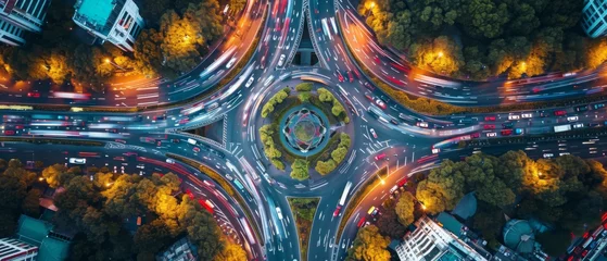 Foto op Aluminium Birds Eye View Of Busy Highways And Roundabouts Showcasing Bustling Car Traffic. Сoncept Cityscape Aerial Photography, Busy Highway Traffic, Roundabout Intersection, Urban Hustle And Bustle © Ян Заболотний