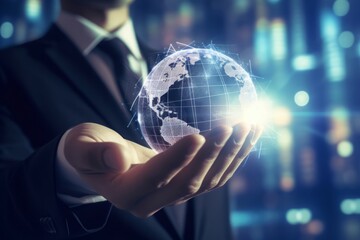 Businessman holding virtual globe. World technology information exchange system. Generate ai