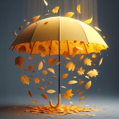 yellow umbrella with dry leaves falling from inside on grey background