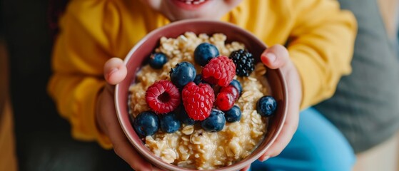 Delighted Kid Indulging In A Wholesome Morning Meal Of Oatmeal Porridge Topped With Fresh Berries. Сoncept Healthy Breakfast, Kid-Friendly Meals, Oatmeal Recipes, Berry Toppings, Wholesome Eating