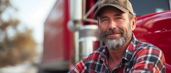Cheerful Middleaged Truck Driver Poses Next To His Truck In America. Сoncept Middle-Aged Truck Driver, American Landscape, Trucker Lifestyle, Proud Truck Owner, On-The-Road Adventures