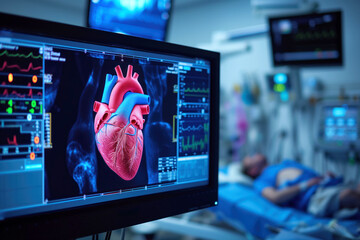 Cardiologist examine a patient heart following heart attack using magnetic resonance imaging MRI 3D scan in an intensive care unit Generative AI