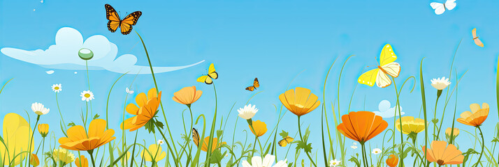 Banner illustration of field of tall grass and wildflowers with butterflies flying in blue sky.