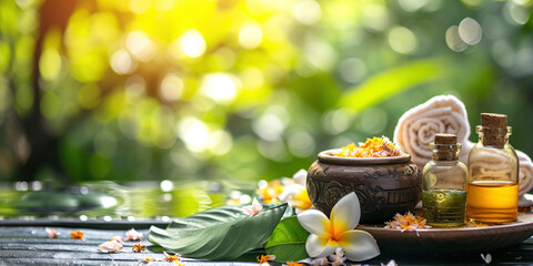 Relax with natural aromatherapy treatment ayurvedic spa in a room for luxury or wellness surrounded by nature. Health and ayurveda massage, skincare, spa or relaxation concept.