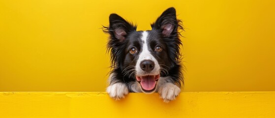 Contented Cat And Joyful Border Collie Unite On Vibrant Yellow Backdrop. Сoncept Pets Photo Session, Cat And Dog Duo, Vibrant Yellow Background, Happy Animals, Contented Pets