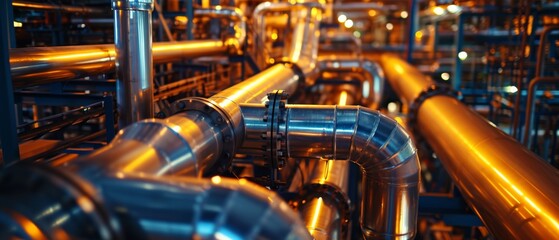 Close-Up View Of Pipelines At An Industrial Oil Refinery Facility. Сoncept Industrial Oil Refinery, Pipeline Infrastructure, Close-Up View, Facility Inspection