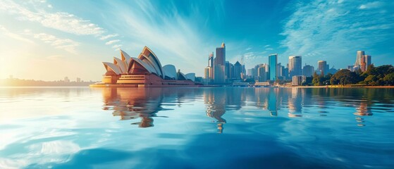 Naklejka premium Discover The Beauty Of Sydney, Australia Through Unforgettable Travel Adventures. Сoncept Sydney Opera House, Bondi Beach, Blue Mountains, Sydney Harbour Bridge, Darling Harbour