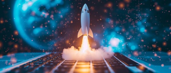 The Transformative Power Of Digital Innovation: A Rocket Launching From A Laptop Screen, With Space For Text. Сoncept Virtual Learning: The Future Of Education - obrazy, fototapety, plakaty
