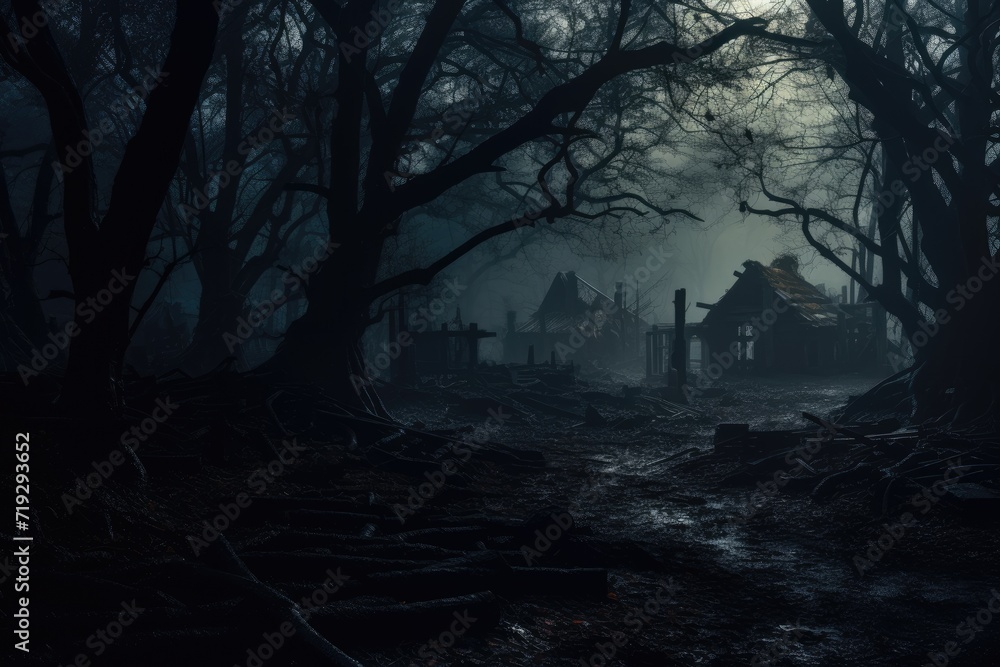 Wall mural scary spooky graveyard at night. horror halloween concept. scary horror background - Wall murals