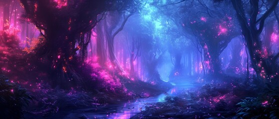 Enchanting Forest Bathed In Ethereal Neon Lights A Surreal Fantasy Realm. Сoncept Creative Cosplay Characters, Magical Fairytales, Dreamy Landscapes, Whimsical Fantasy Creatures
