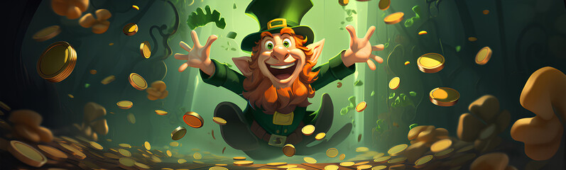 Animated Irish leprechaun, celebrating St. Patrick's Day. Gold coins, beer and shamrocks. - obrazy, fototapety, plakaty