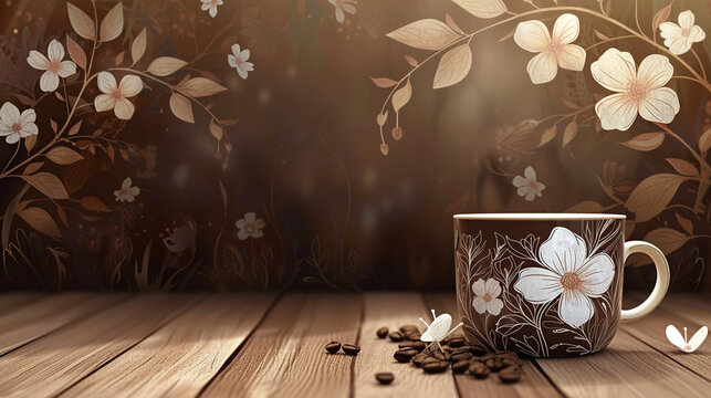 Unusual coffee cup with abstract floral patterns background in animated illustration style, dark brown and white color.