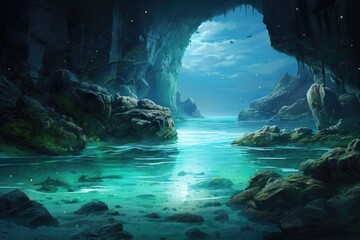 Moonlit Tranquility, Fantasy Landscape with Sea Cave