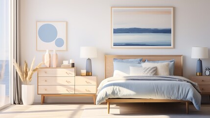 A mid-century modern chest of drawers in a coastal-inspired bedroom with blue and white hues