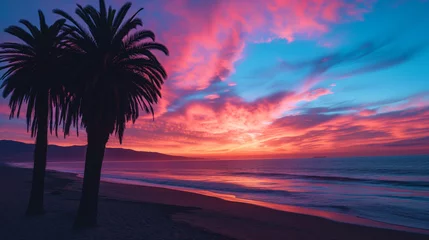 Fototapeten Sunset and Palms on Peaceful Tropical Beach. © vlntn
