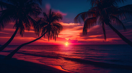 Sunset and Palms on Peaceful Tropical Beach.