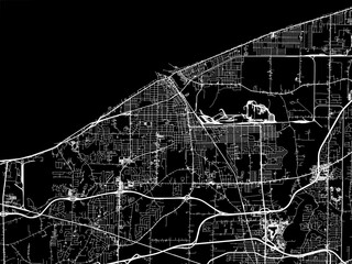 Vector road map of the city of Lorain  Ohio in the United States of America with white roads on a black background.